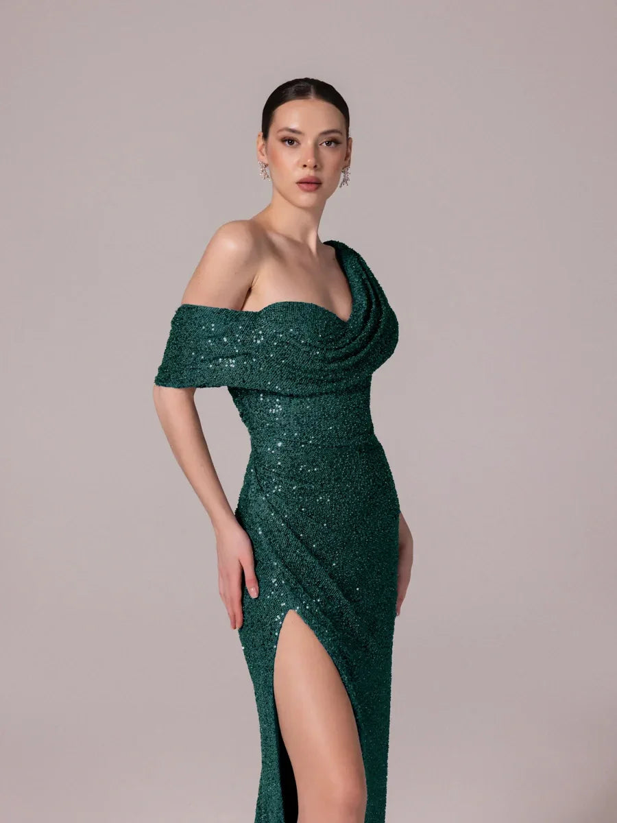 25173-Yaka Detaylı Pullu Payet Örme Abiye Elbise - Kenzel