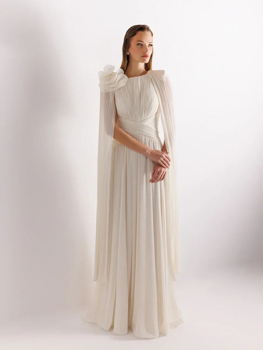 25175-Uzun Kol Kloş Aksesuarlı Uzun Abiye Elbise - Kenzel