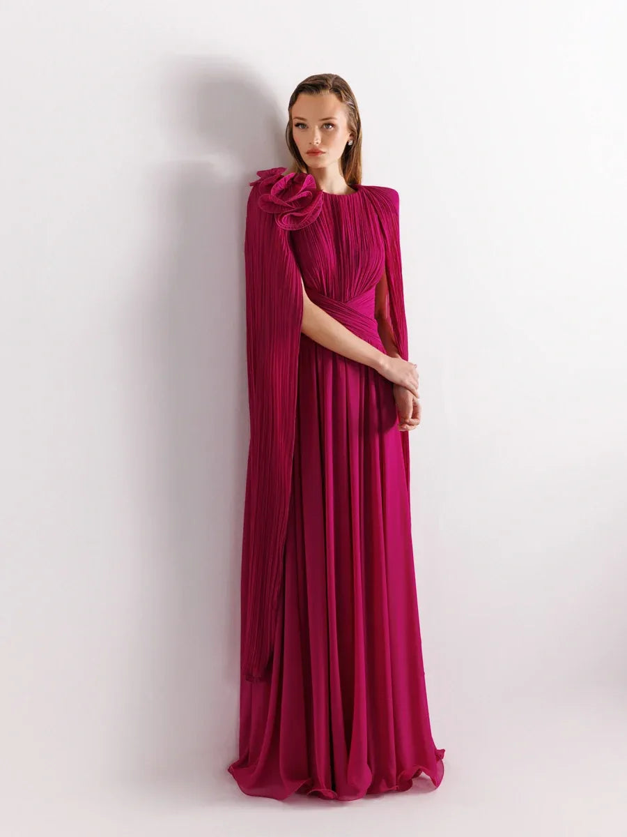 25175-Uzun Kol Kloş Aksesuarlı Uzun Abiye Elbise - Kenzel