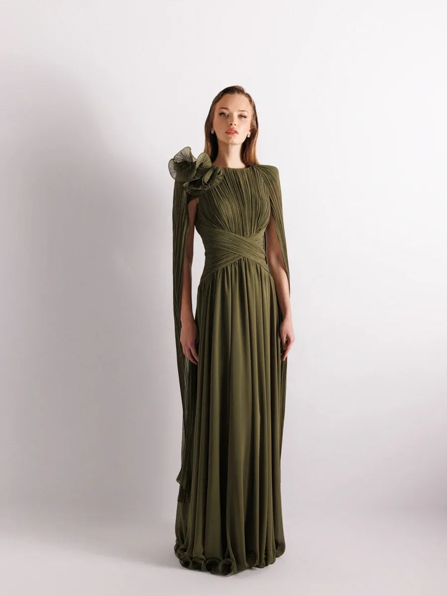 25175-Uzun Kol Kloş Aksesuarlı Uzun Abiye Elbise - Kenzel