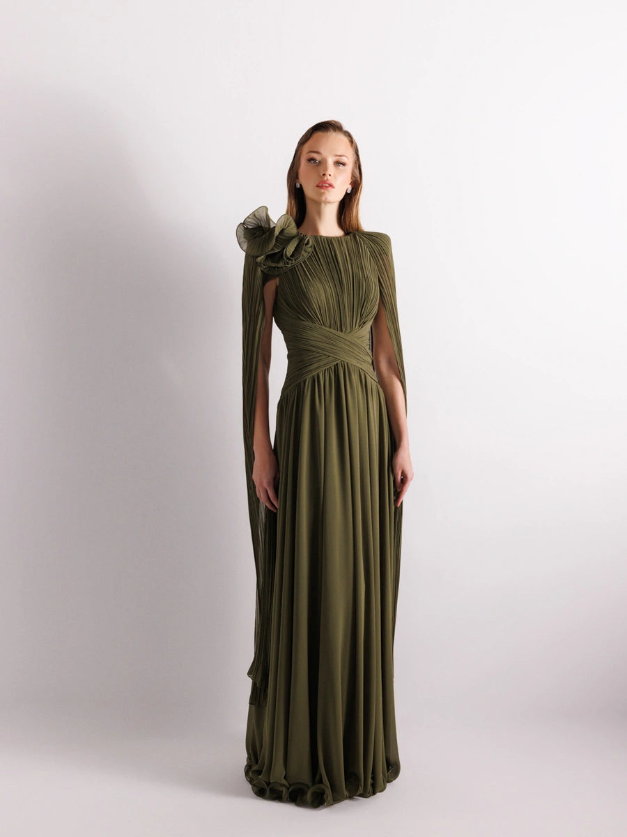 25175-Uzun Kol Kloş Aksesuarlı Uzun Abiye Elbise