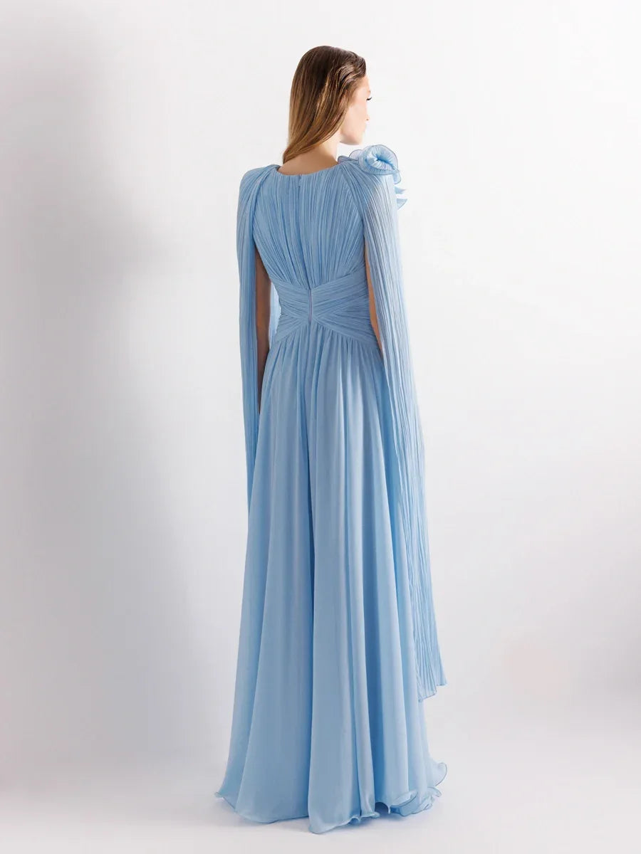 25175-Uzun Kol Kloş Aksesuarlı Uzun Abiye Elbise - Kenzel