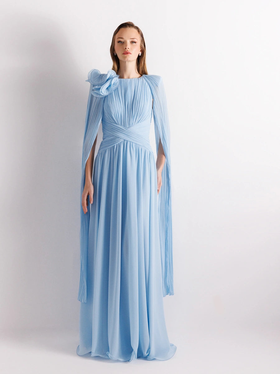 25175-Uzun Kol Kloş Aksesuarlı Uzun Abiye Elbise