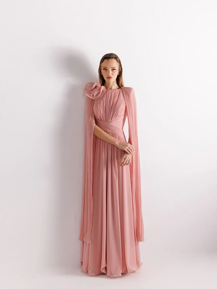 25175-Uzun Kol Kloş Aksesuarlı Uzun Abiye Elbise - Kenzel