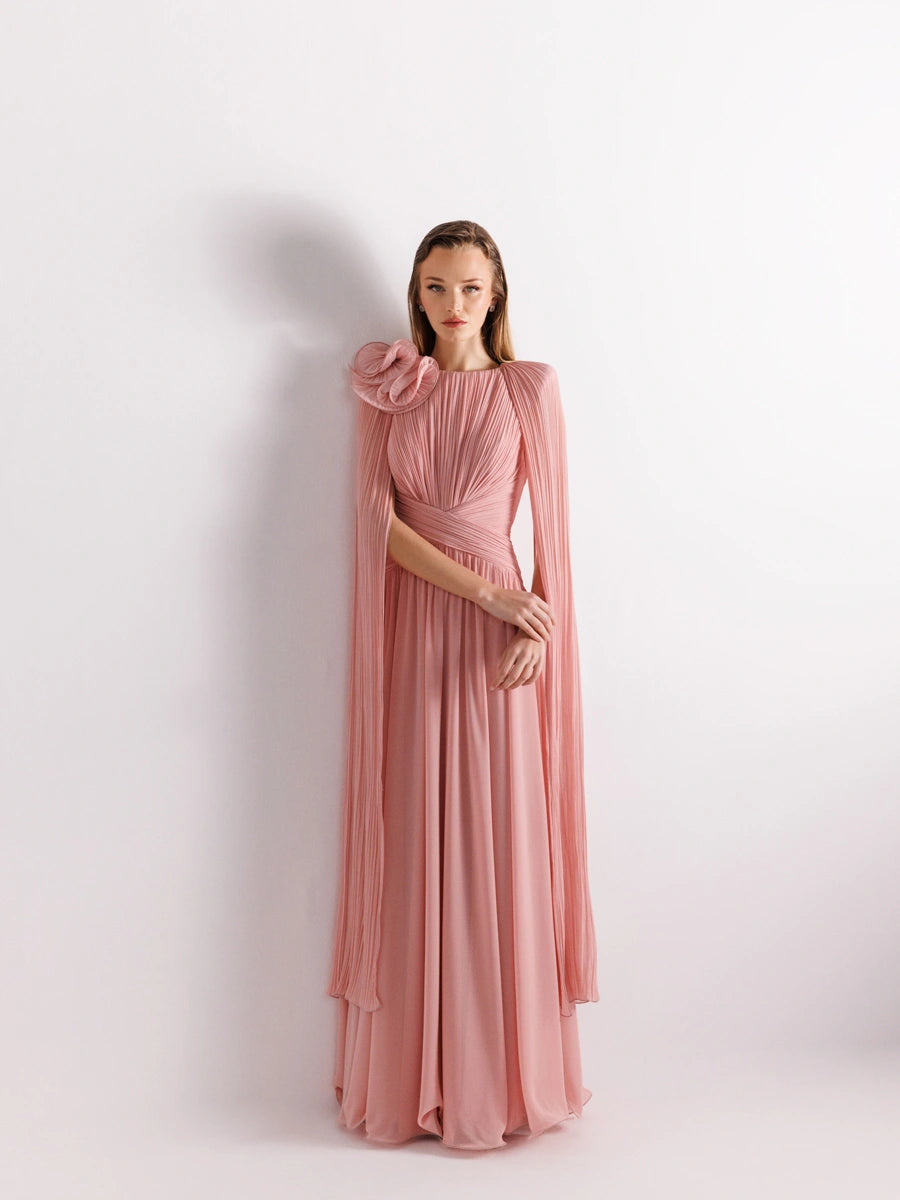 25175-Uzun Kol Kloş Aksesuarlı Uzun Abiye Elbise