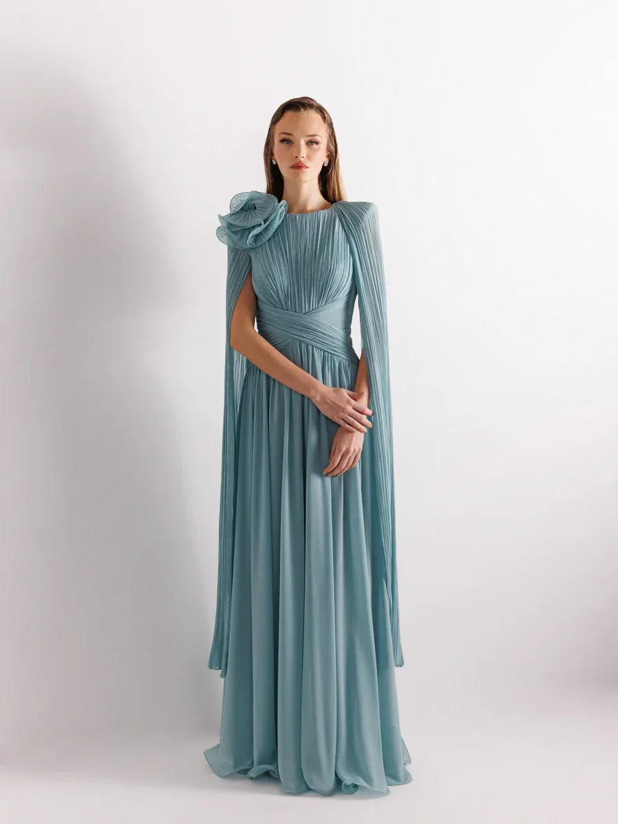 25175-Uzun Kol Kloş Aksesuarlı Uzun Abiye Elbise - Kenzel