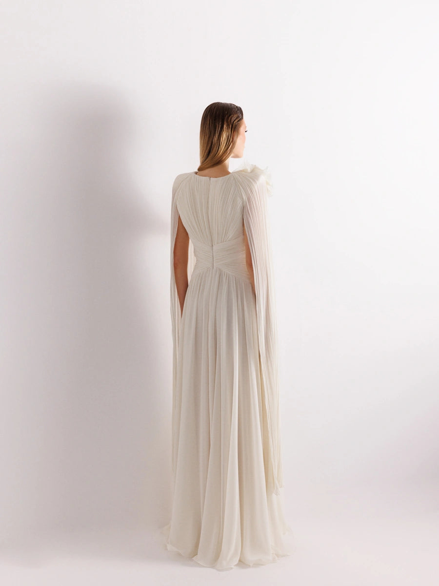 25175-Uzun Kol Kloş Aksesuarlı Uzun Abiye Elbise