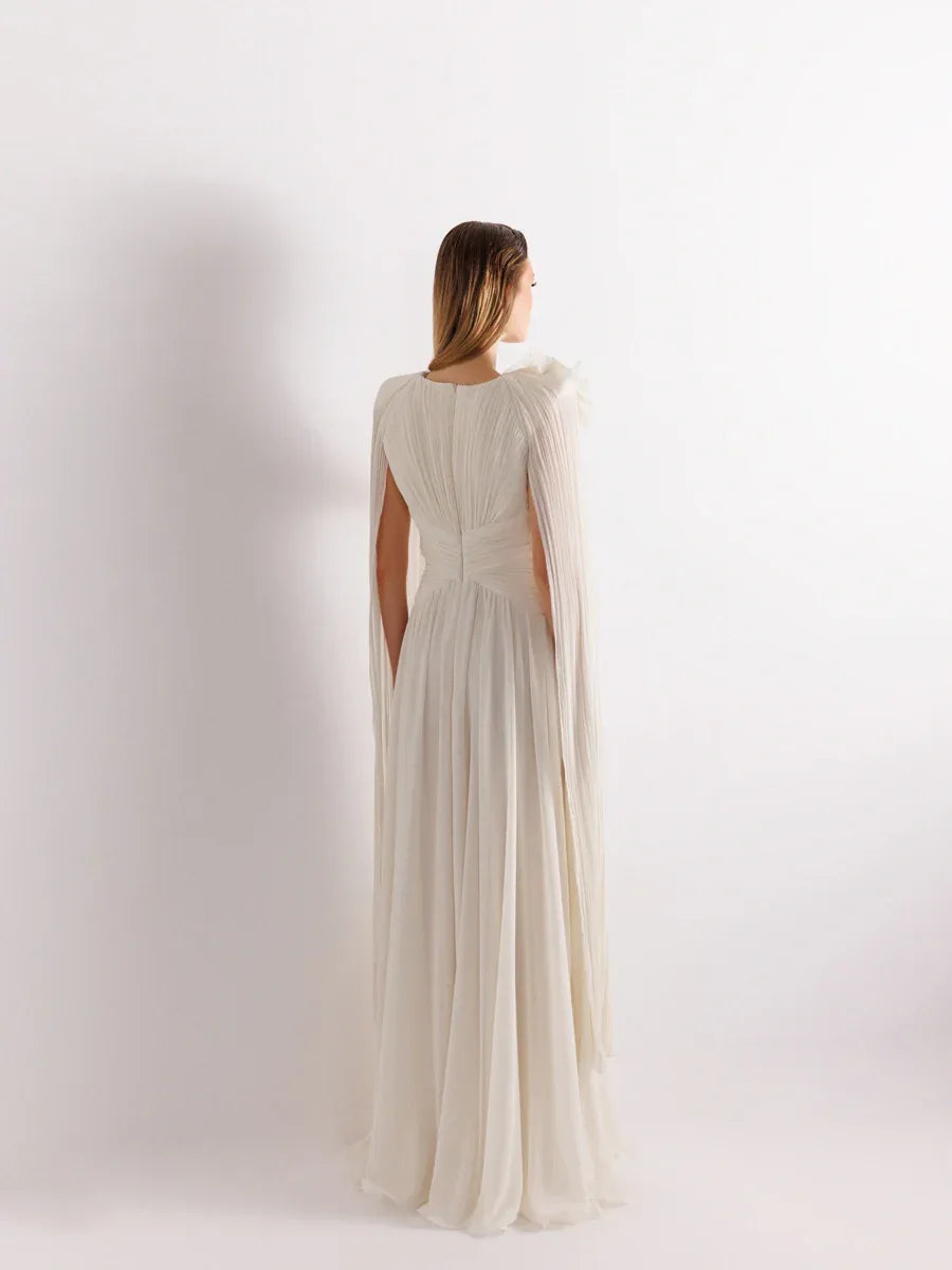 25175-Uzun Kol Kloş Aksesuarlı Uzun Abiye Elbise - Kenzel