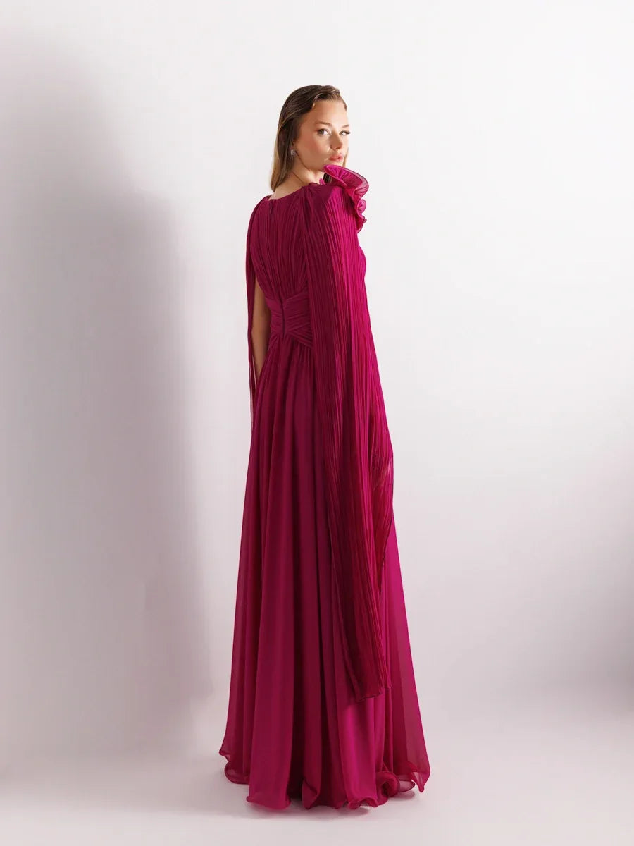 25175-Uzun Kol Kloş Aksesuarlı Uzun Abiye Elbise - Kenzel