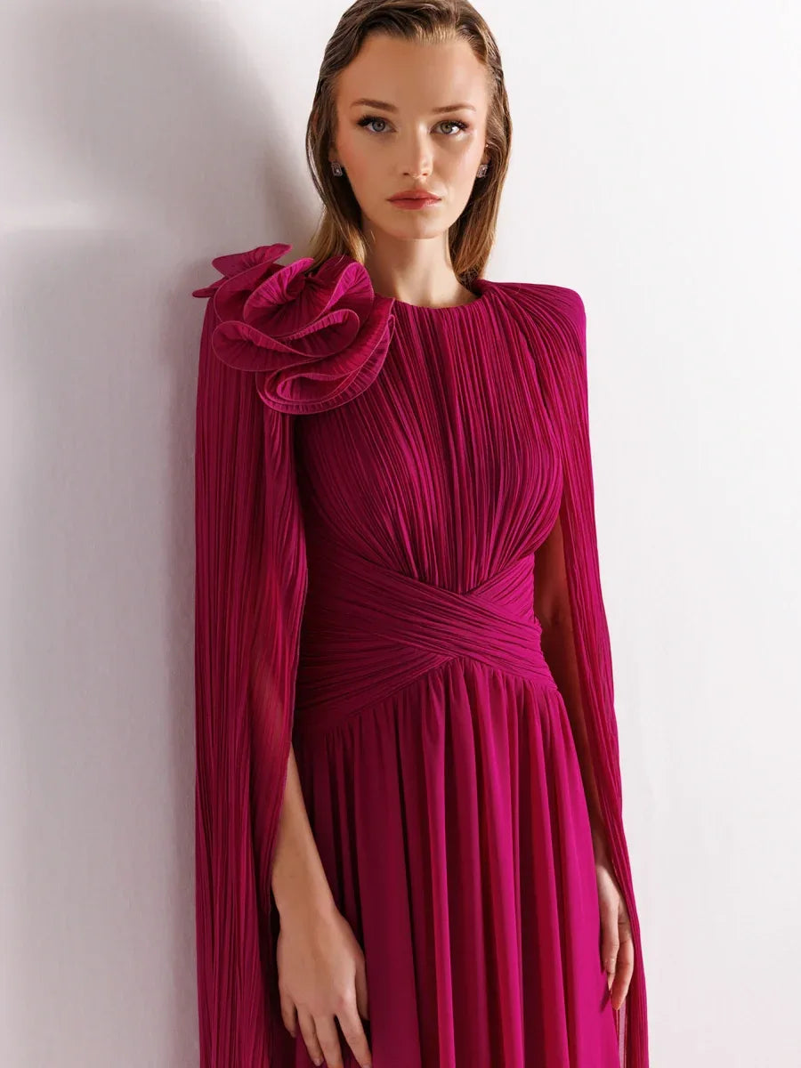 25175-Uzun Kol Kloş Aksesuarlı Uzun Abiye Elbise - Kenzel