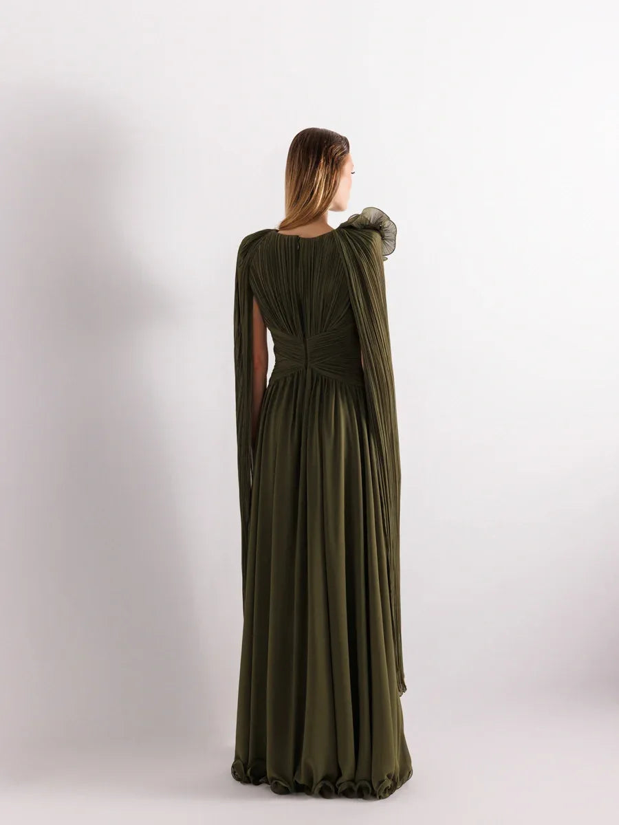 25175-Uzun Kol Kloş Aksesuarlı Uzun Abiye Elbise - Kenzel