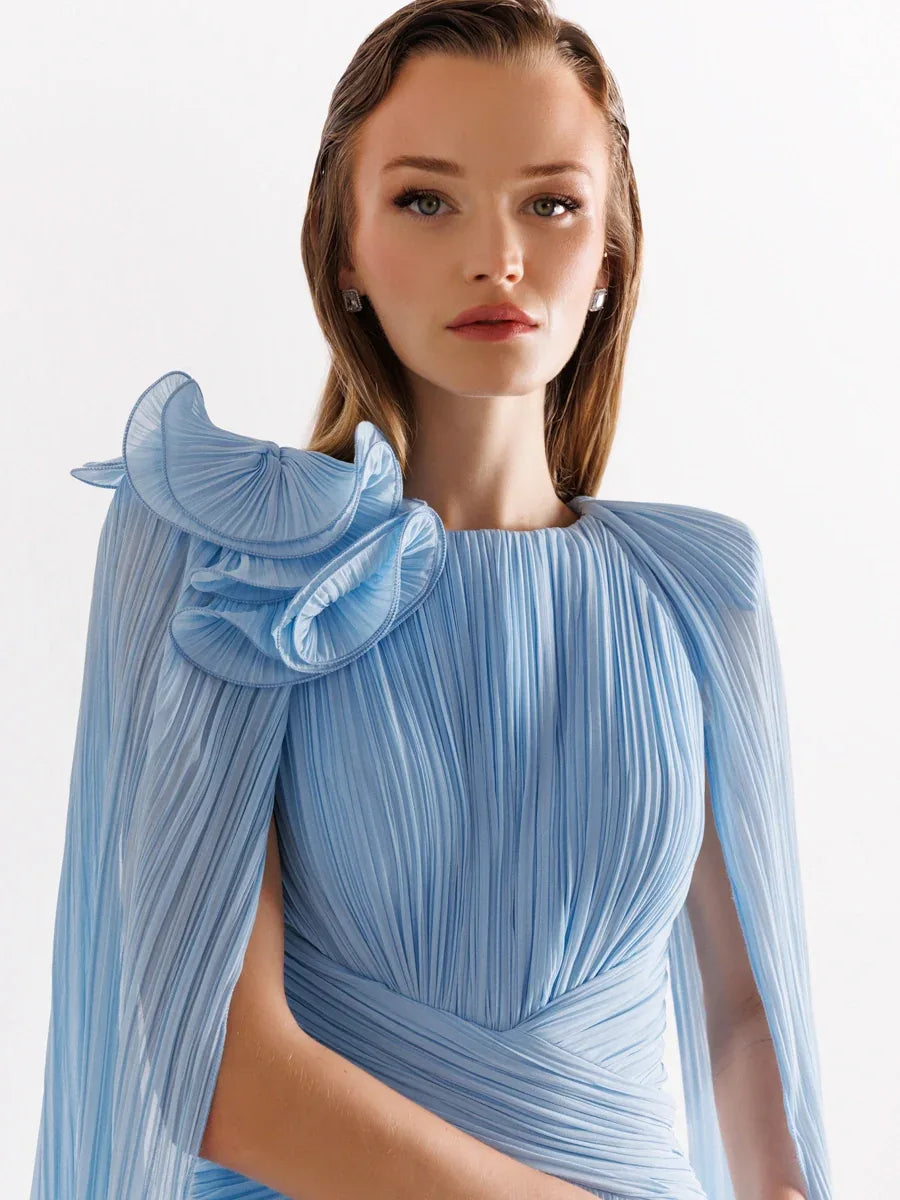 25175-Uzun Kol Kloş Aksesuarlı Uzun Abiye Elbise - Kenzel