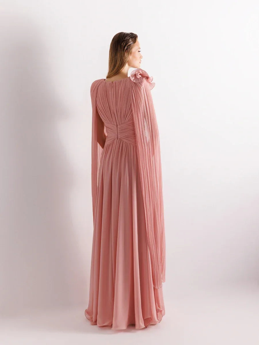 25175-Uzun Kol Kloş Aksesuarlı Uzun Abiye Elbise - Kenzel