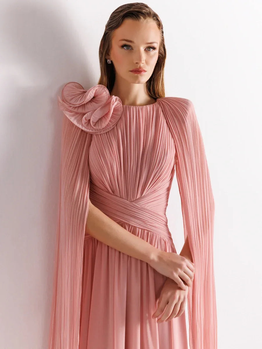 25175-Uzun Kol Kloş Aksesuarlı Uzun Abiye Elbise - Kenzel