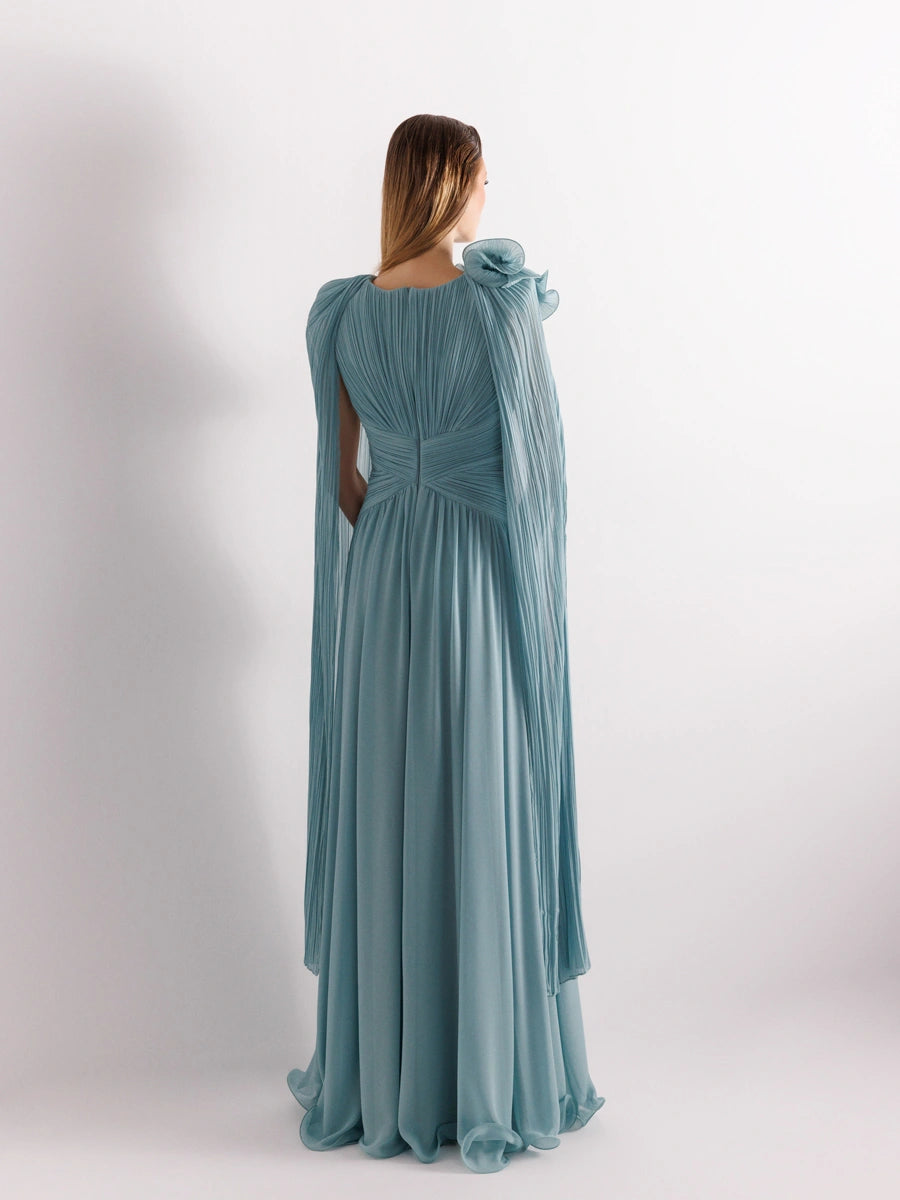 25175-Uzun Kol Kloş Aksesuarlı Uzun Abiye Elbise