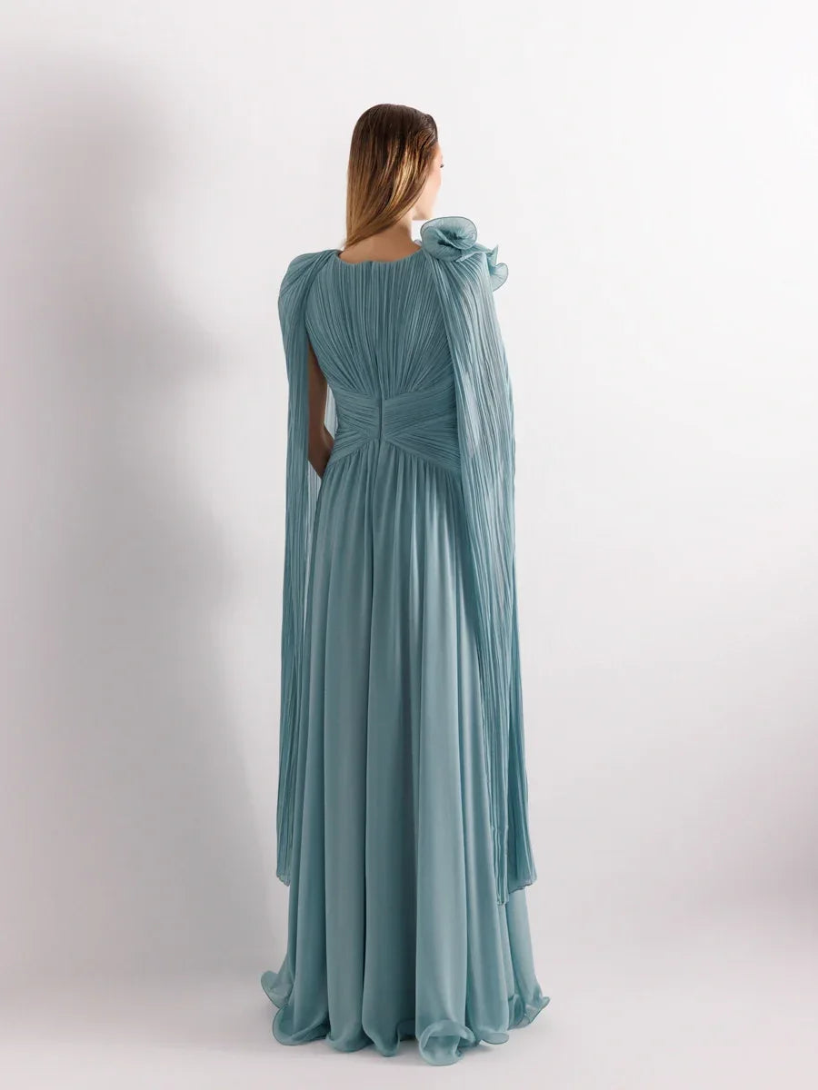 25175-Uzun Kol Kloş Aksesuarlı Uzun Abiye Elbise - Kenzel