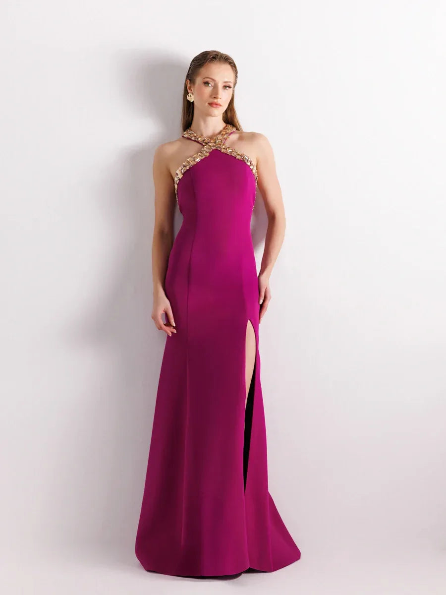 25176-Halter Yaka Gold İşleme Detaylı Abiye Elbise - Kenzel