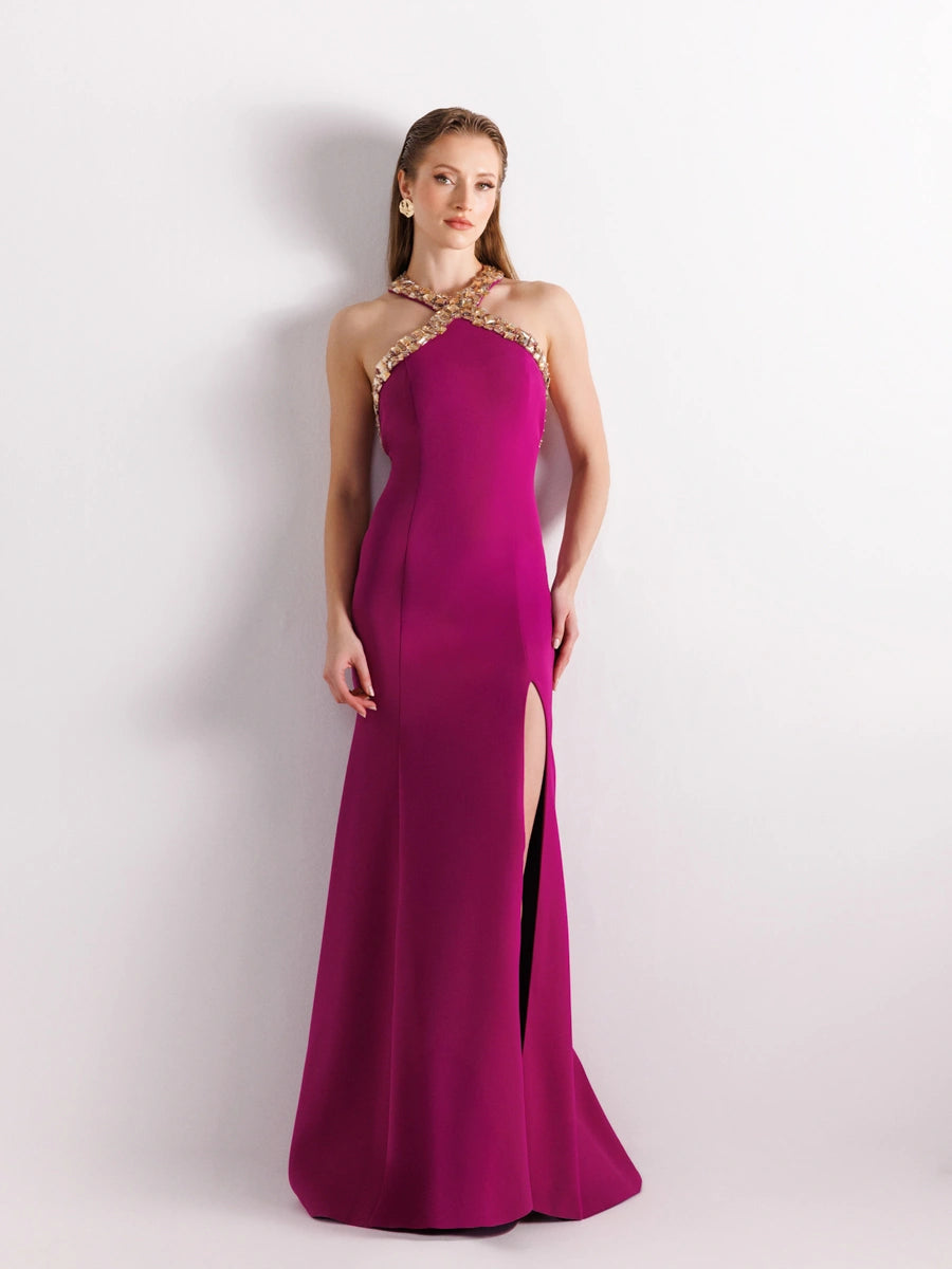 25176-Halter Yaka Gold İşleme Detaylı Abiye Elbise