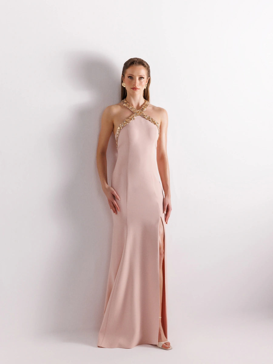 25176-Halter Yaka Gold İşleme Detaylı Abiye Elbise