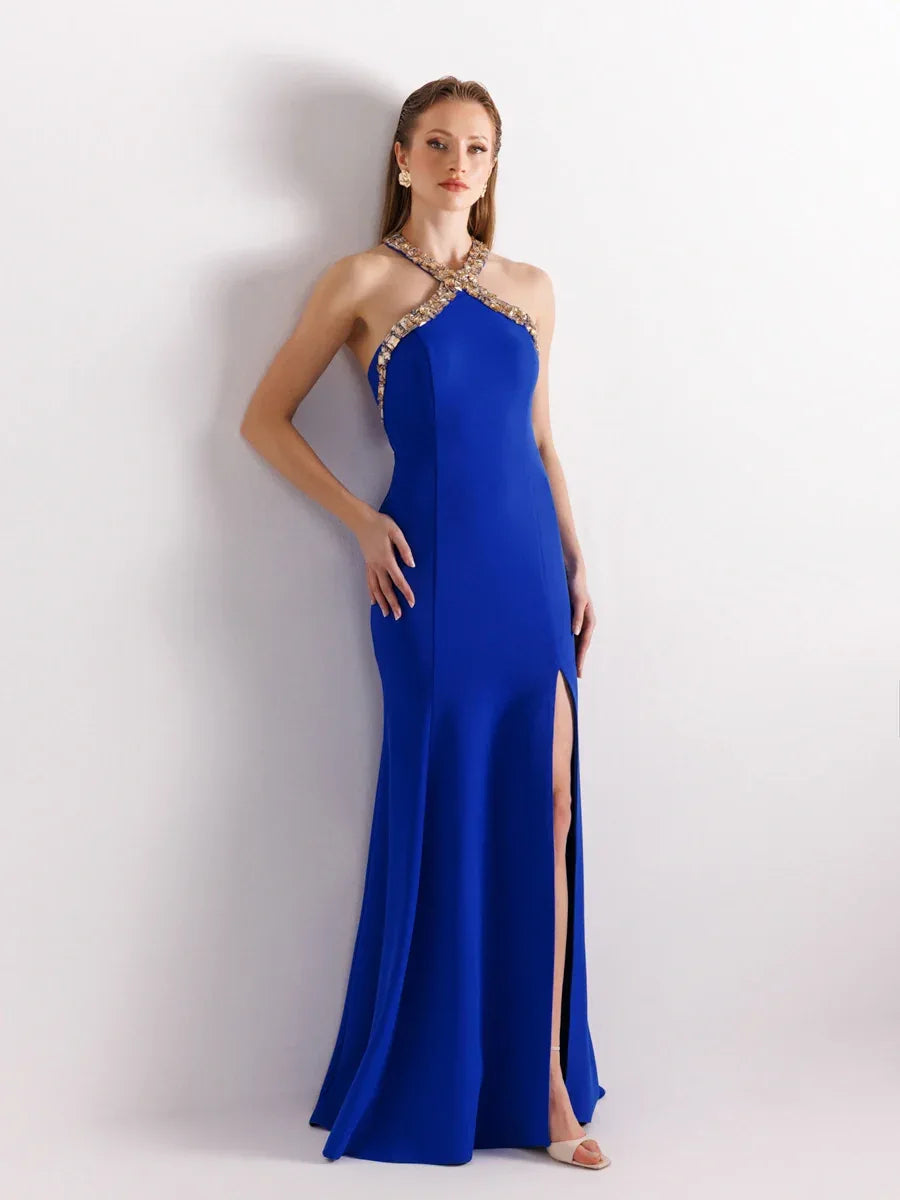 25176-Halter Yaka Gold İşleme Detaylı Abiye Elbise - Kenzel