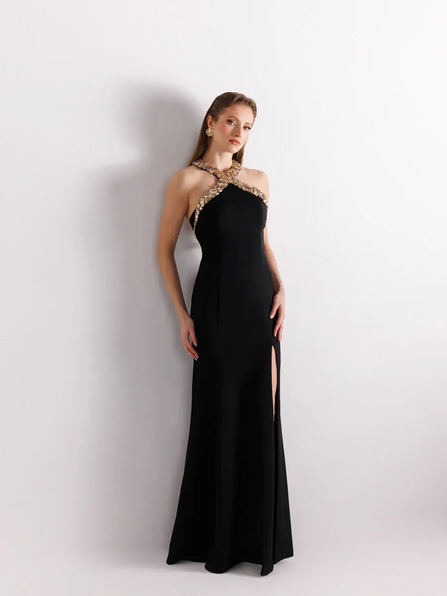 25176-Halter Yaka Gold İşleme Detaylı Abiye Elbise - Kenzel