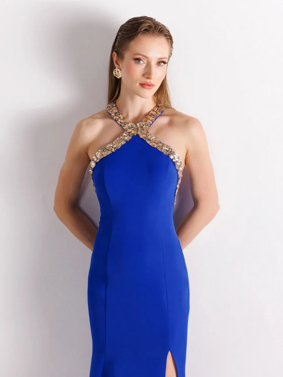 25176-Halter Yaka Gold İşleme Detaylı Abiye Elbise - Kenzel