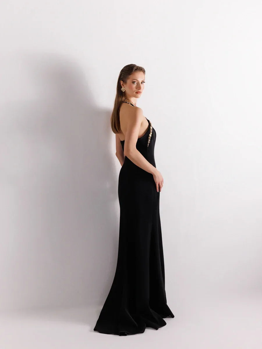 25176-Halter Yaka Gold İşleme Detaylı Abiye Elbise - Kenzel