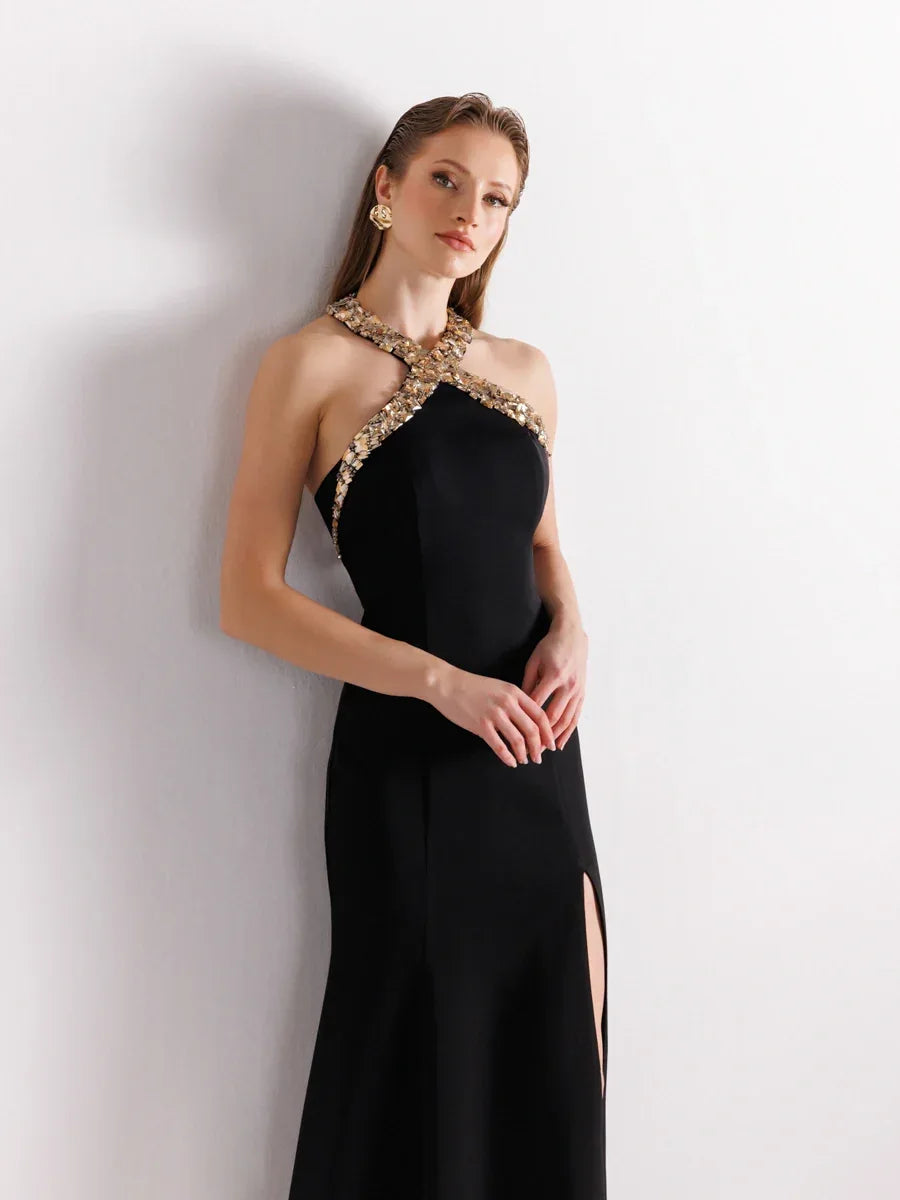 25176-Halter Yaka Gold İşleme Detaylı Abiye Elbise - Kenzel