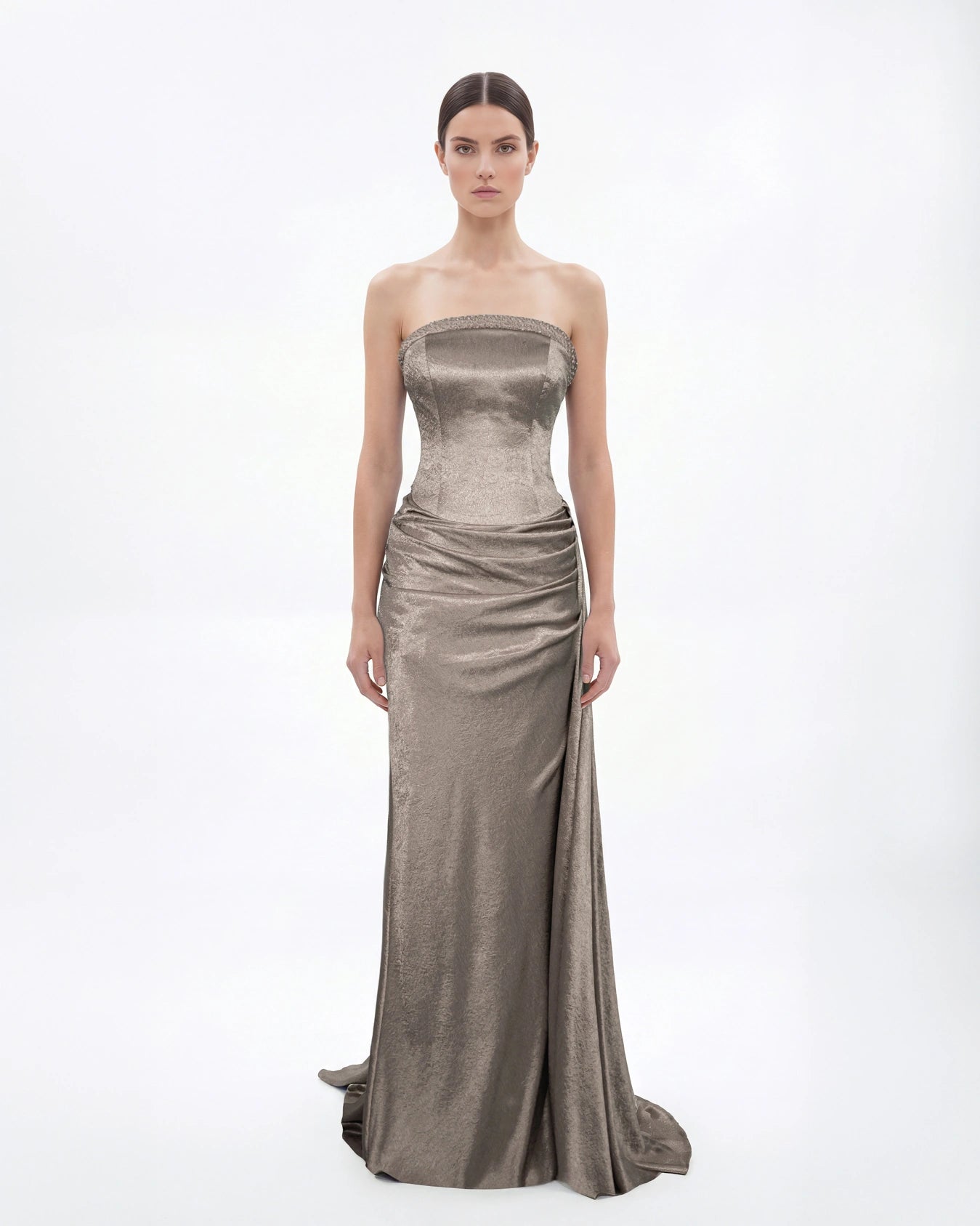 25190-Strapless Embroidered Detail Draped Long Dress