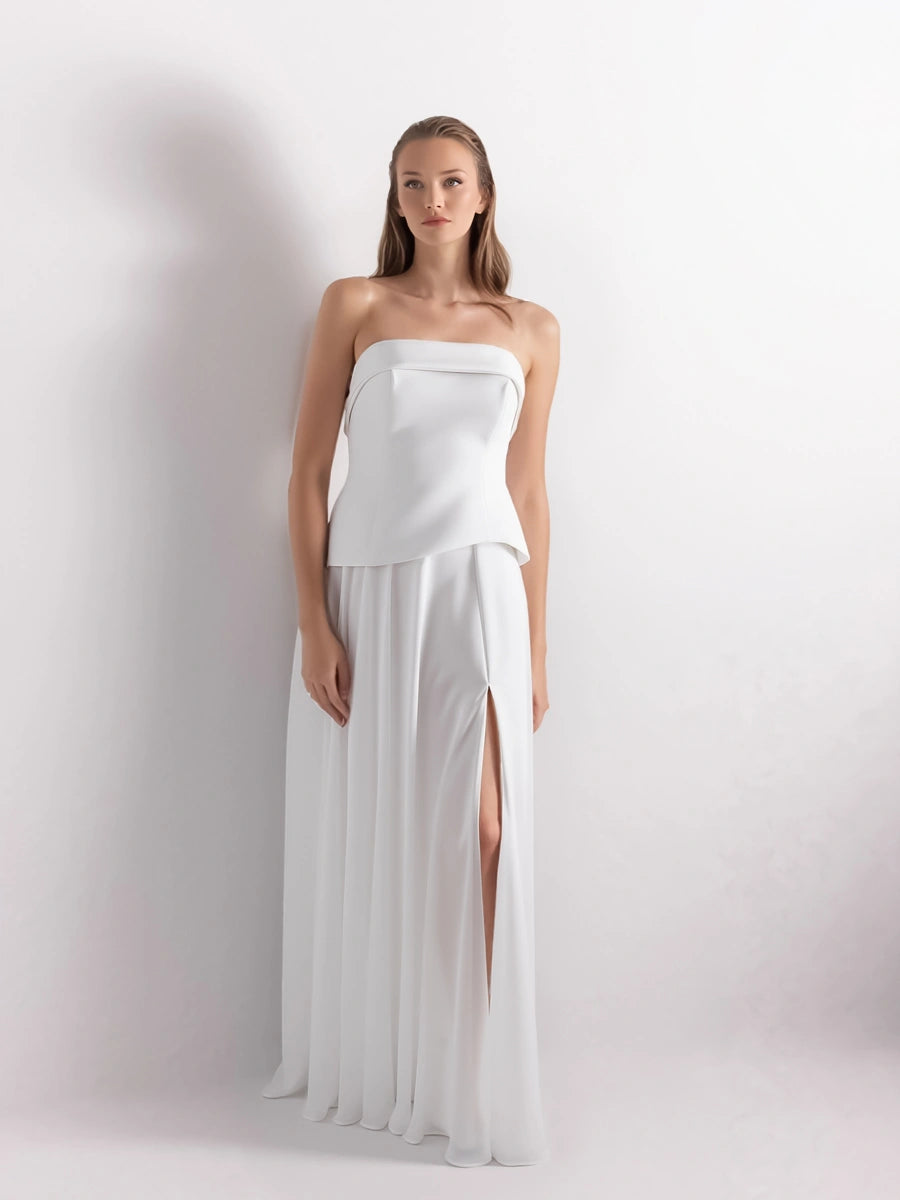 25191-Straplez Krep Korse Görünümlü Şifon Etek Detaylı Uzun Elbise