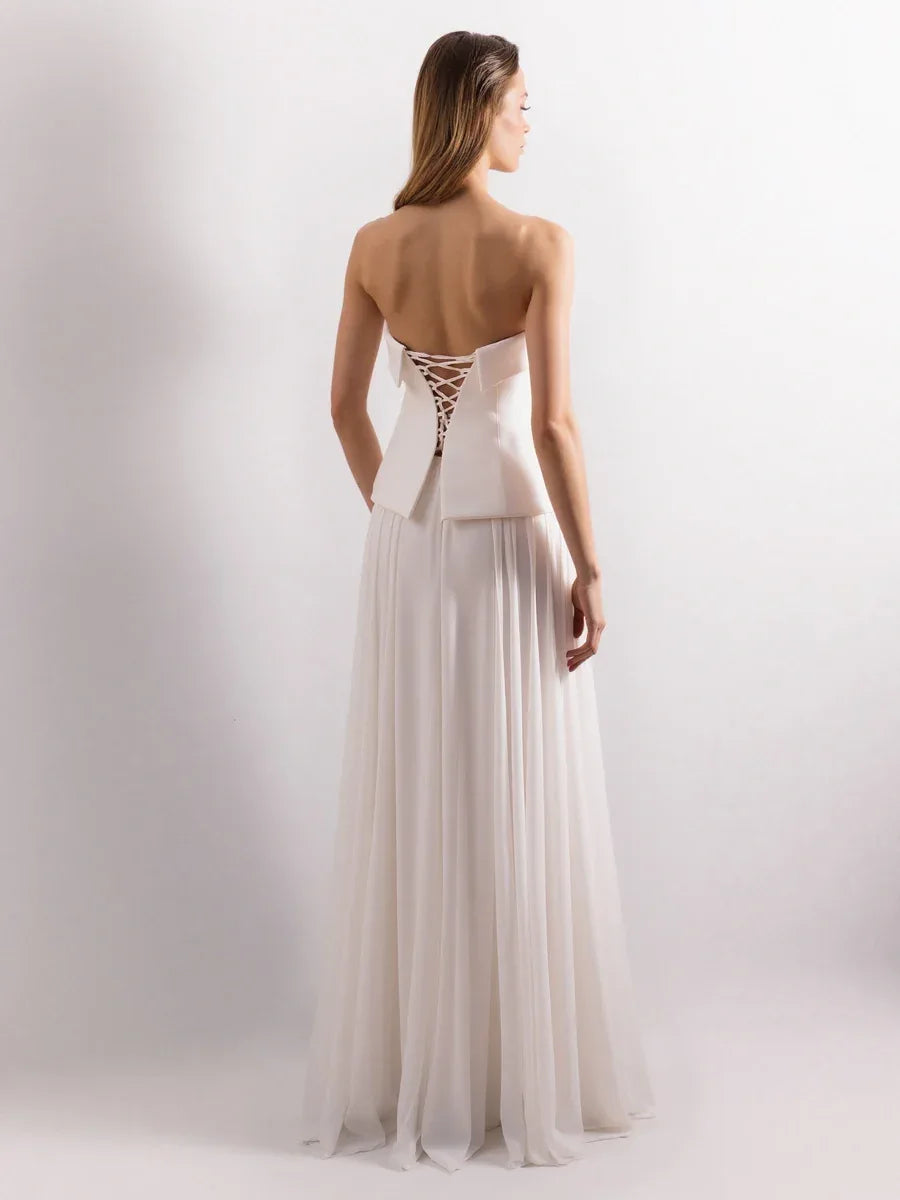 25191-Straplez Krep Korse Görünümlü Şifon Etek Detaylı Uzun Elbise - Kenzel