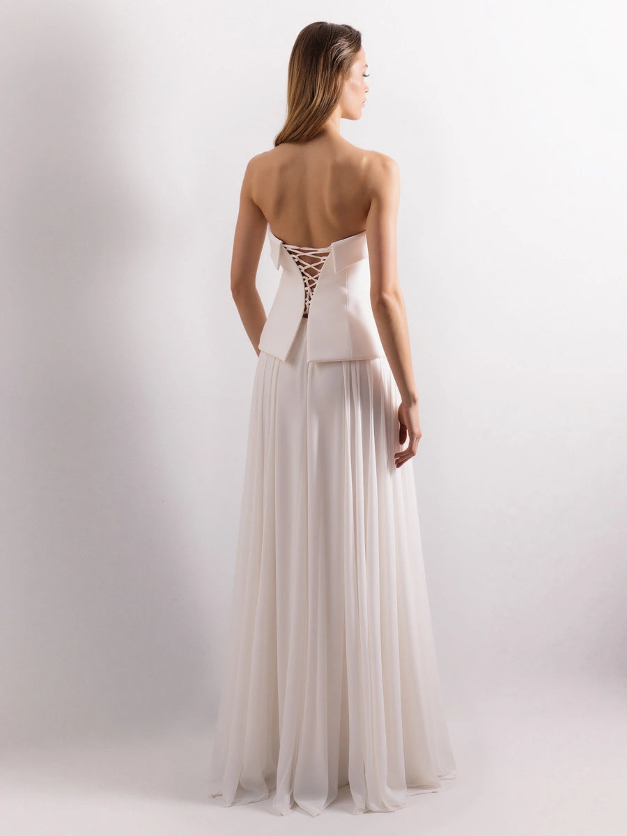 25191-Straplez Krep Korse Görünümlü Şifon Etek Detaylı Uzun Elbise