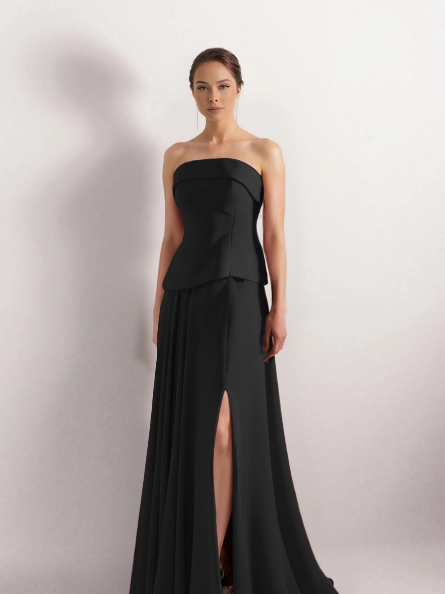 25191-Straplez Krep Korse Görünümlü Şifon Etek Detaylı Uzun Elbise