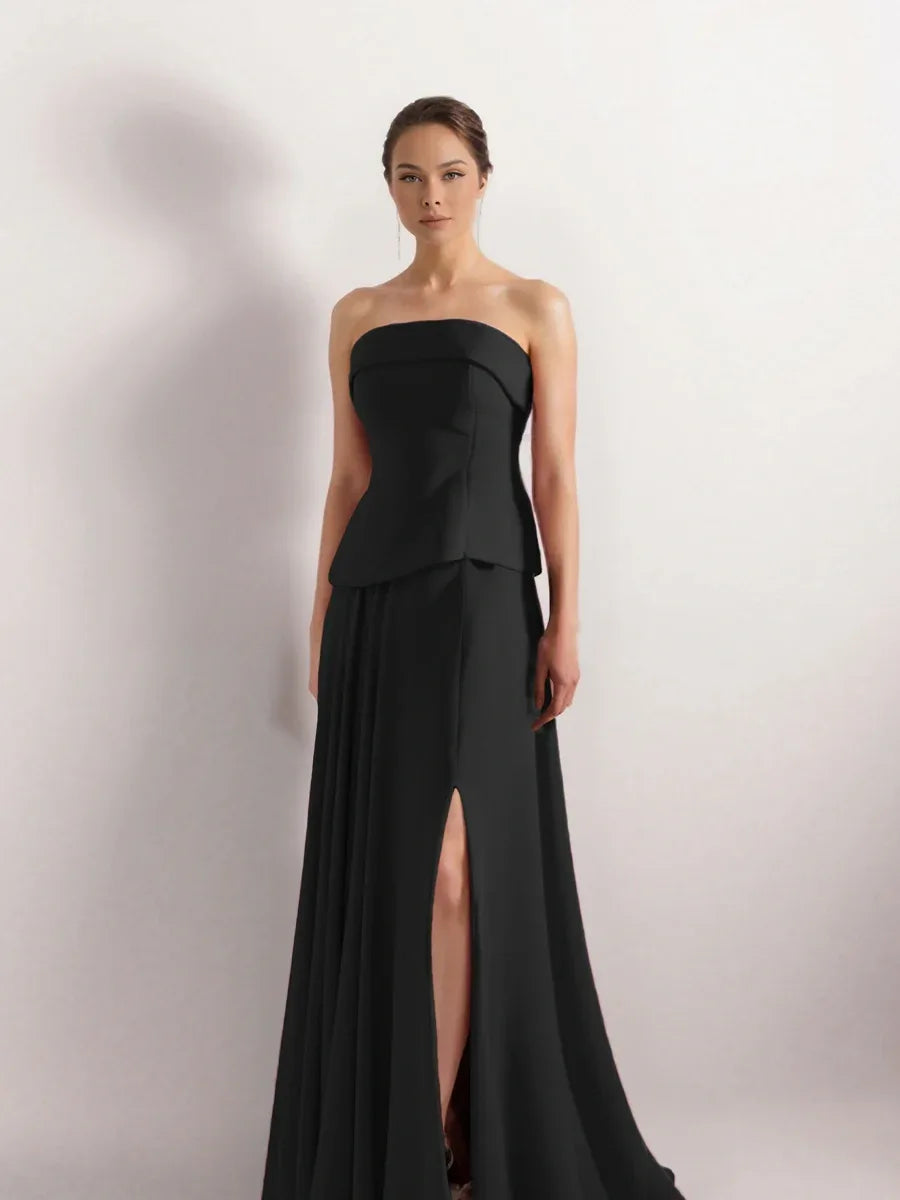 25191-Straplez Krep Korse Görünümlü Şifon Etek Detaylı Uzun Elbise - Kenzel