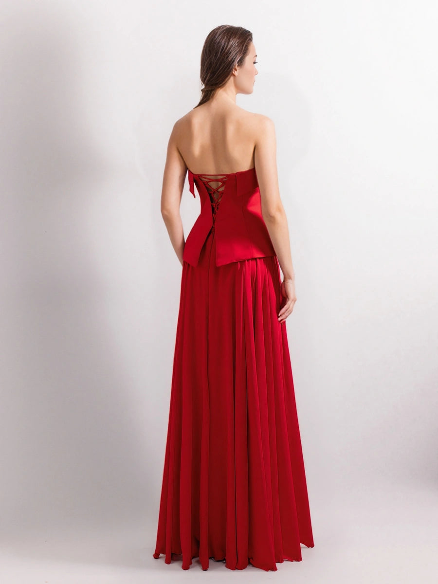 25191-Straplez Krep Korse Görünümlü Şifon Etek Detaylı Uzun Elbise