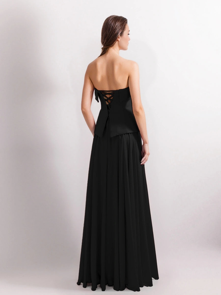 25191-Straplez Krep Korse Görünümlü Şifon Etek Detaylı Uzun Elbise