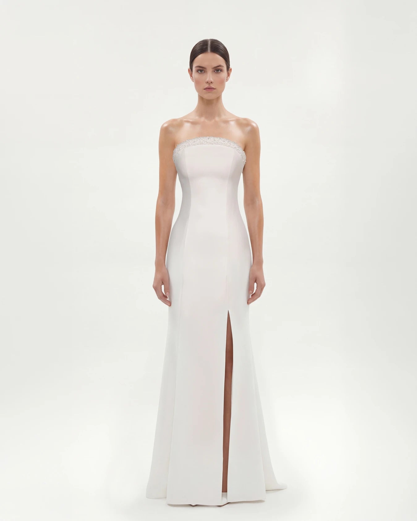 25193-Straplez İşleme Detaylı Yırtmaçlı Balık Elbise