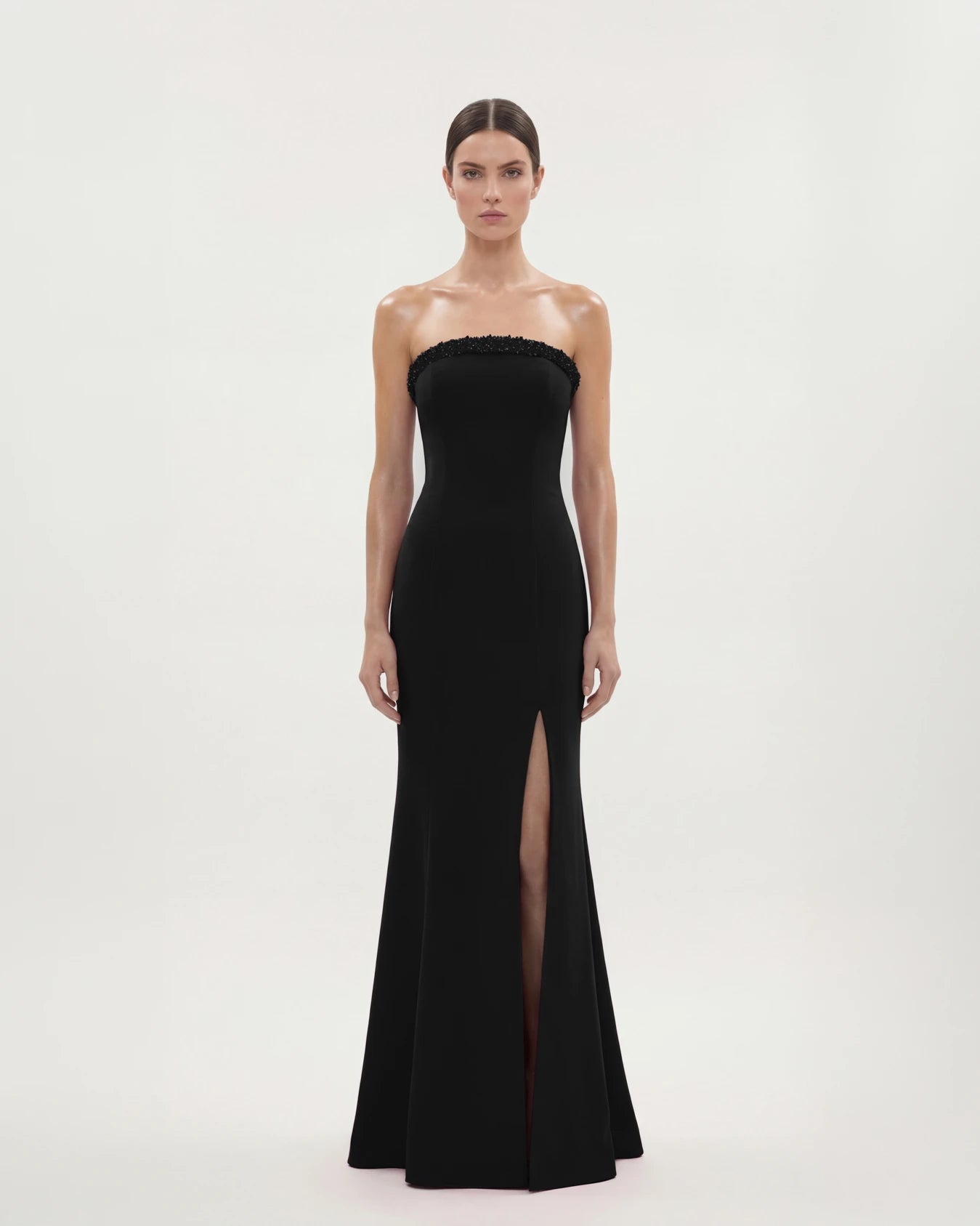 25193-Straplez İşleme Detaylı Yırtmaçlı Balık Elbise