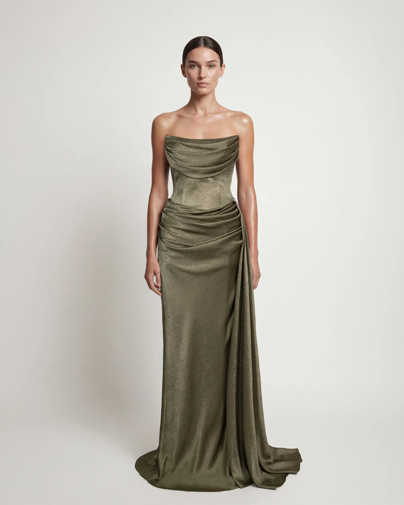 25196-Degaje Yaka Beli Fit Drapeli Abiye Elbise