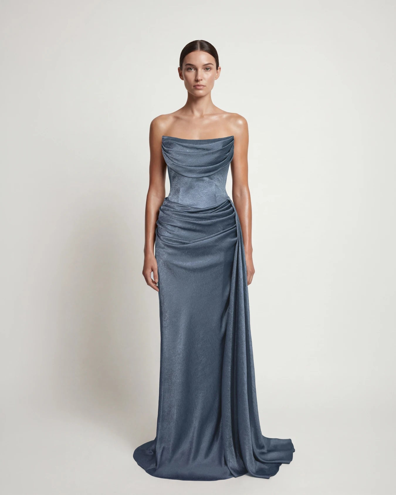 25196-Degaje Yaka Beli Fit Drapeli Abiye Elbise