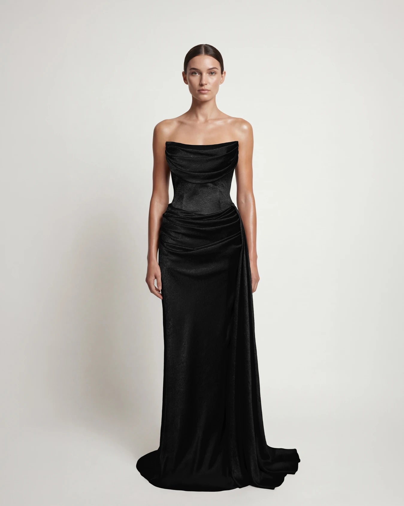 25196-Degaje Yaka Beli Fit Drapeli Abiye Elbise