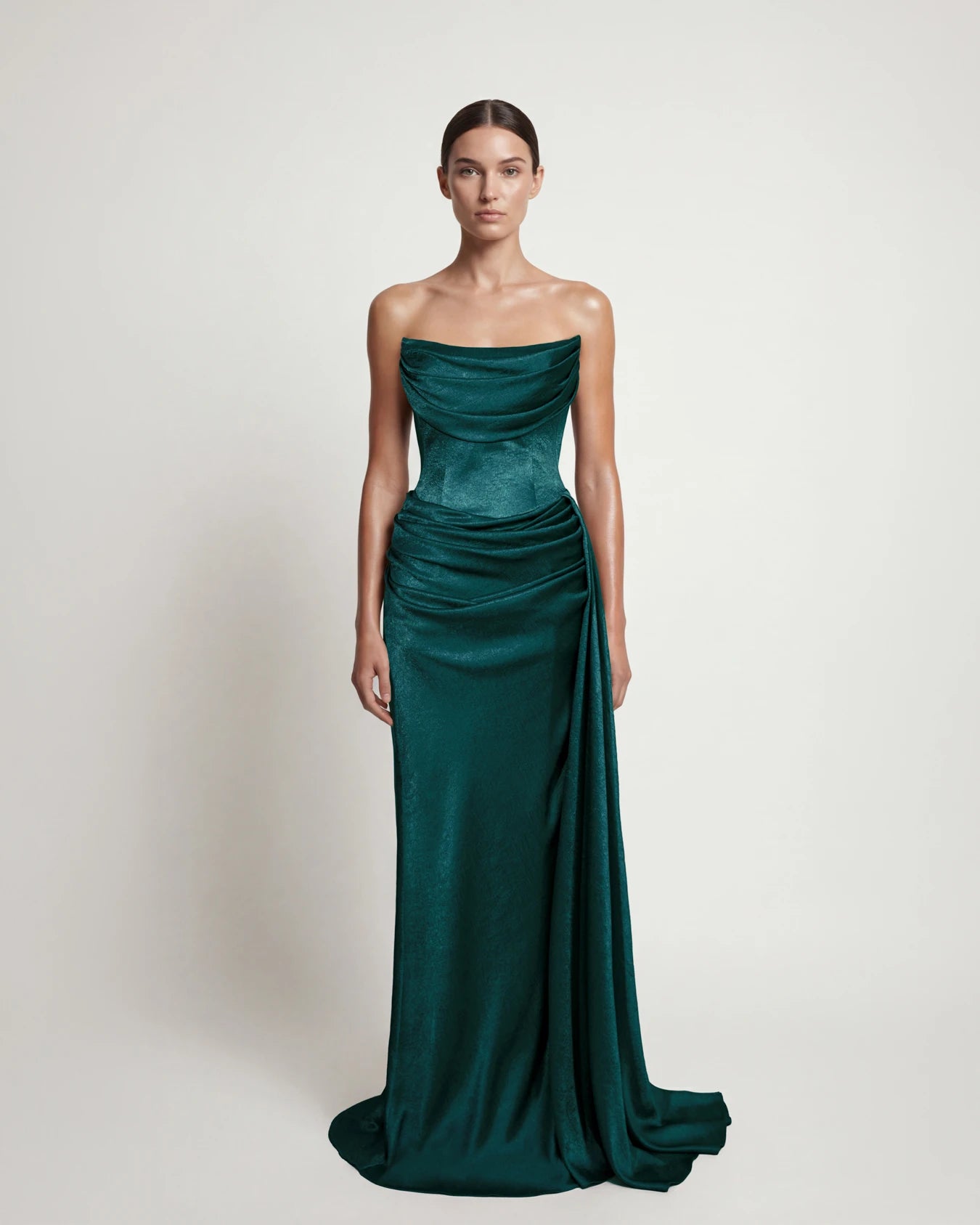 25196-Degaje Yaka Beli Fit Drapeli Abiye Elbise