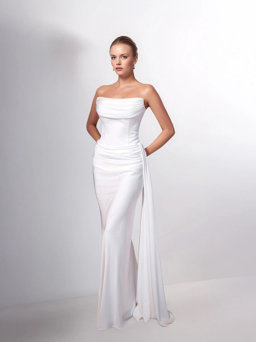 25199-Degaje Yaka Beli Fit Drapeli Abiye Elbise