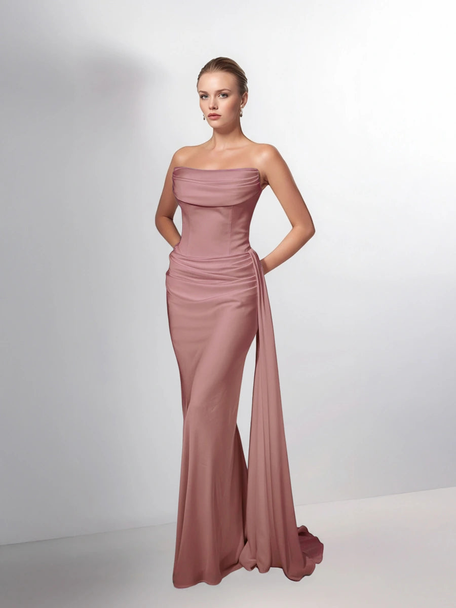 25199-Degaje Yaka Beli Fit Drapeli Abiye Elbise