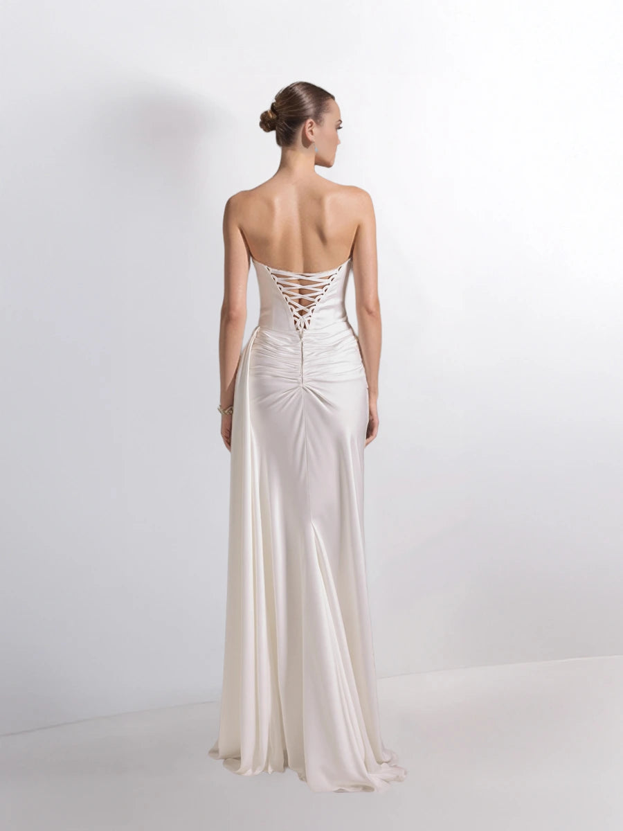 25199-Degaje Yaka Beli Fit Drapeli Abiye Elbise