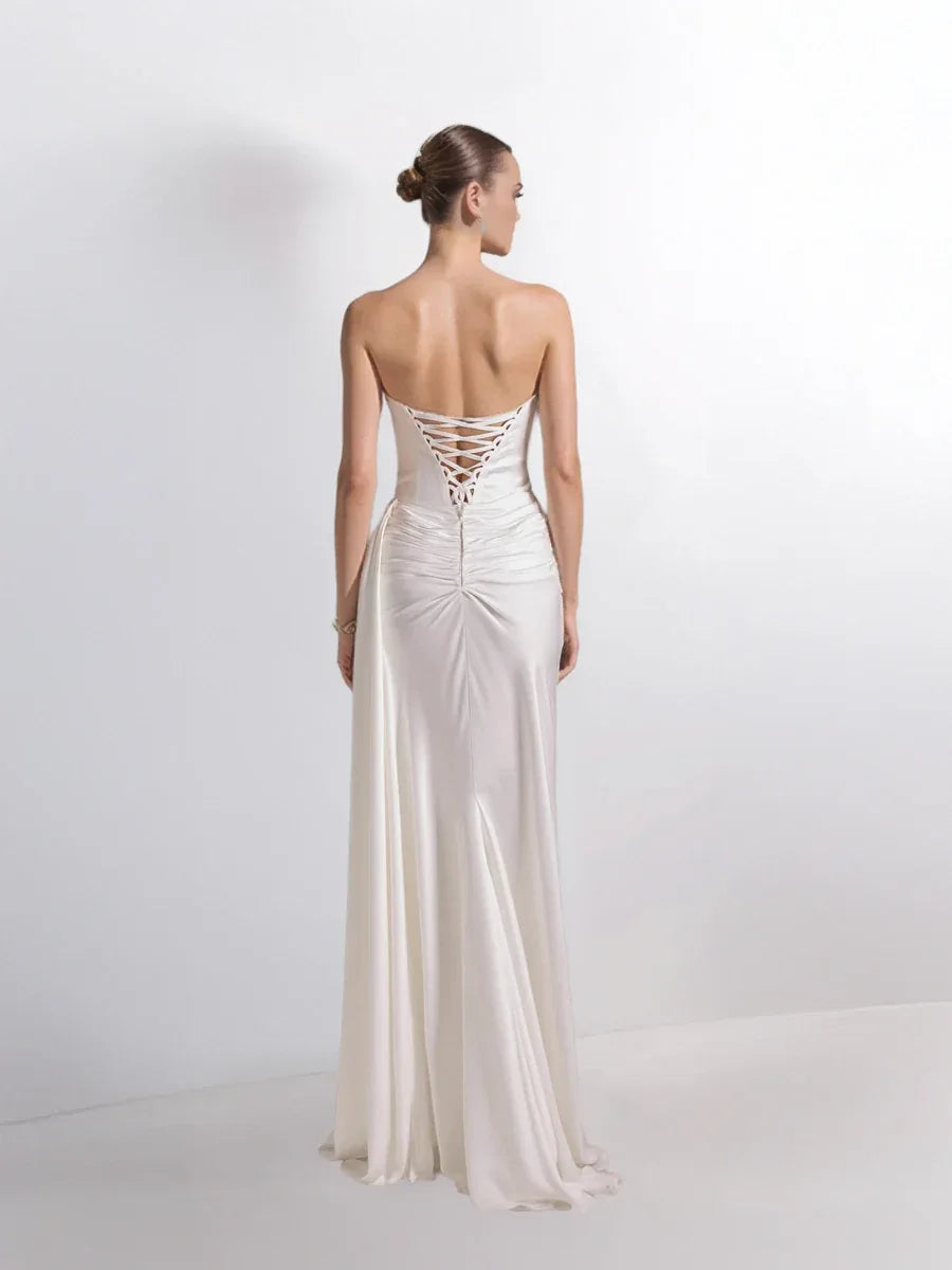 25199-Degaje Yaka Beli Fit Drapeli Abiye Elbise - Kenzel