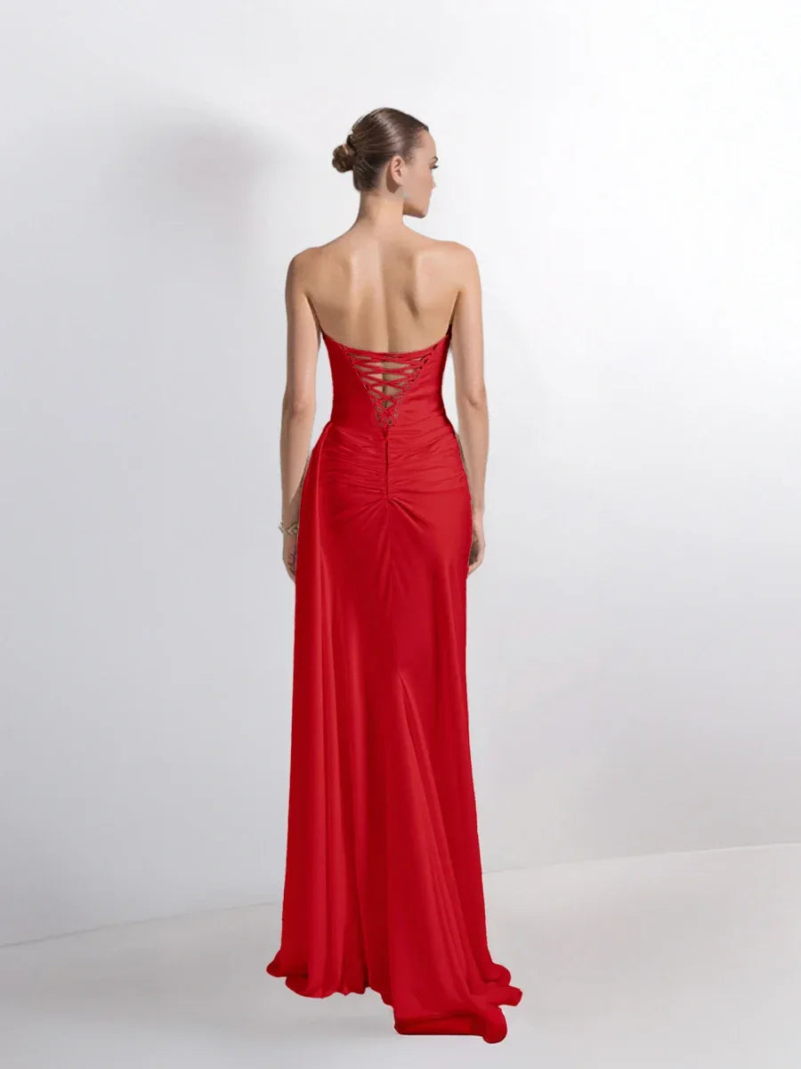 25199-Degaje Yaka Beli Fit Drapeli Abiye Elbise - Kenzel