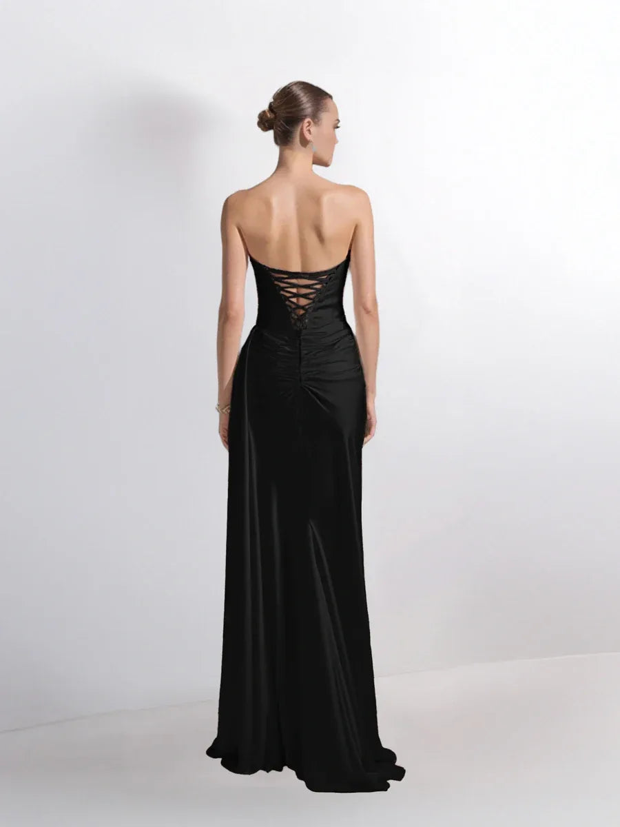 25199-Degaje Yaka Beli Fit Drapeli Abiye Elbise - Kenzel