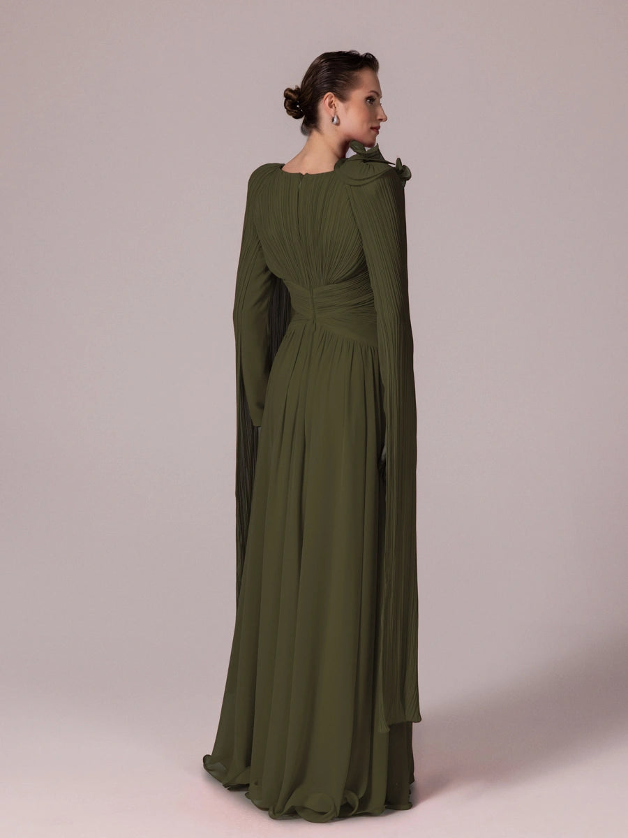 25203-Uzun Kol Kloş Tesettür Abiye Elbise