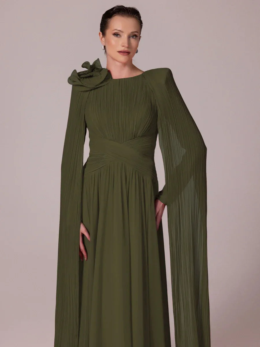 25203-Uzun Kol Kloş Tesettür Abiye Elbise - Kenzel